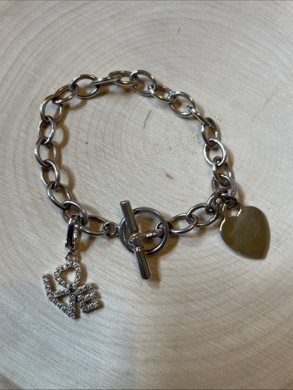Sterling Silver Heart & Love Charm Toggle Bracelet